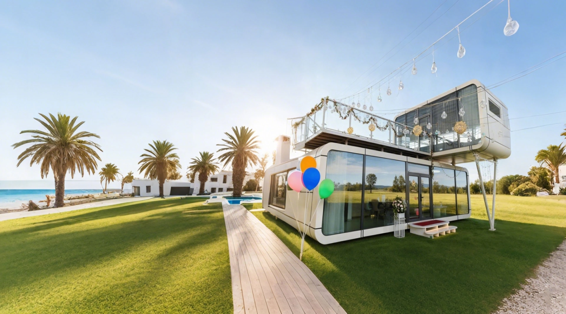 Futuristic capsule, panoramic views. Smart-integrated, portable, and stylish. Ideal for glamping and resorts.